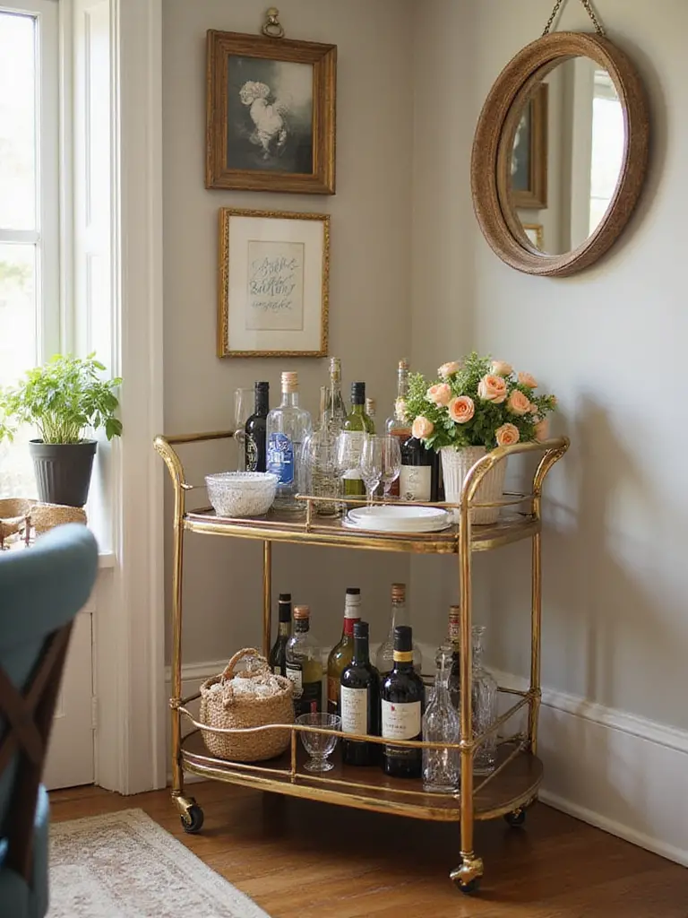 Stylish bar cart setup in a dining room with spirits and glassware