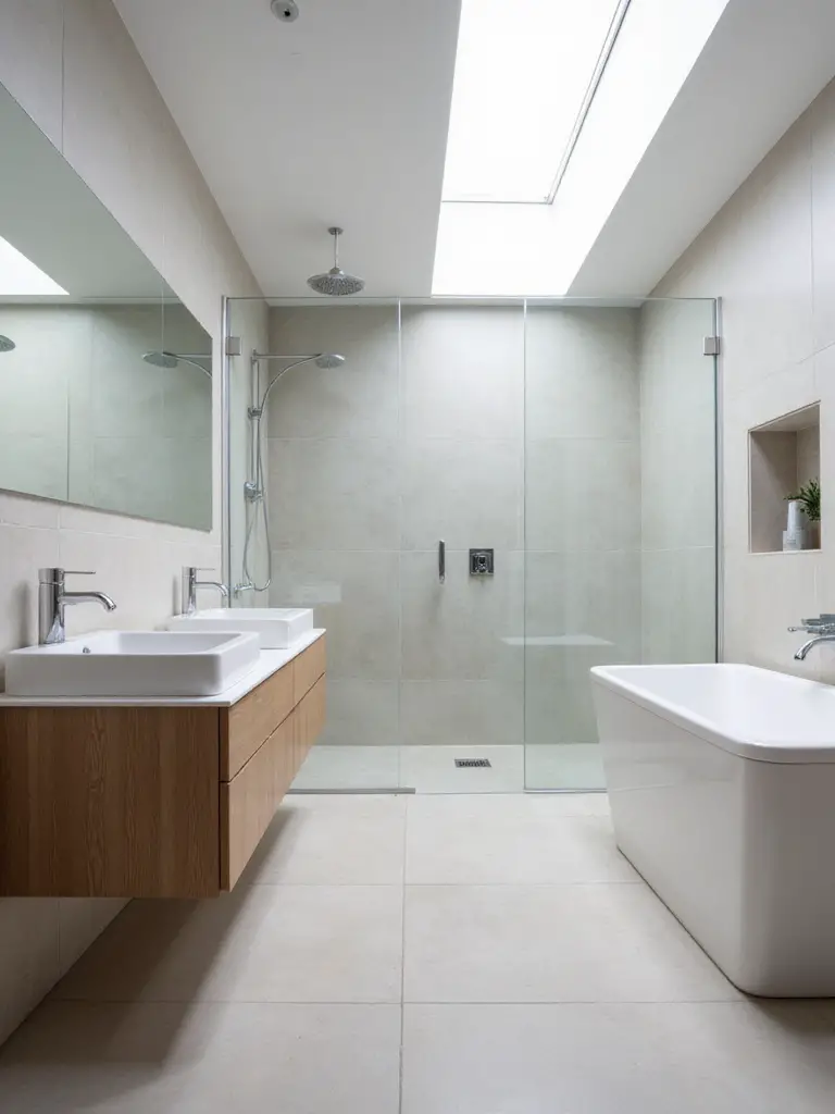 Modern bathroom with floating vanity and frameless glass shower emphasizing clean lines and sharp architectural focus