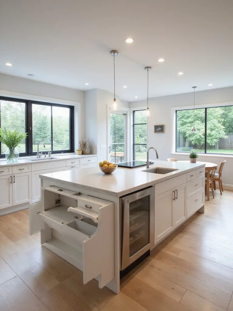 Modern kitchen island with clearly defined zones for prepping, storage, dining seating, and cooking in a bright kitchen