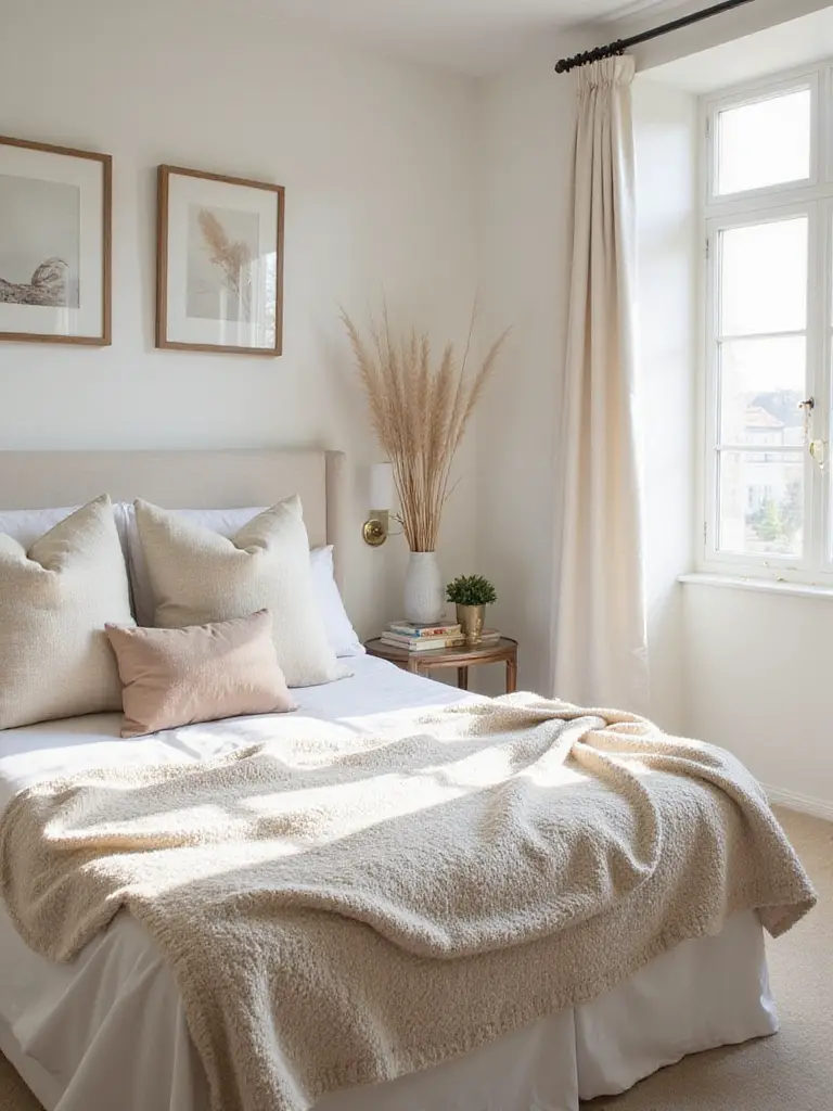 A tranquil bedroom showcasing a cohesive design with soft lighting and minimalist decor.