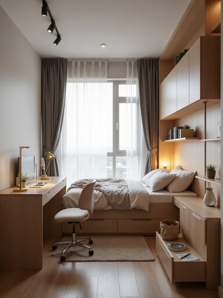 Small apartment bedroom with clearly defined functional zones and cozy, calming mood, featuring bed, workspace, and storage