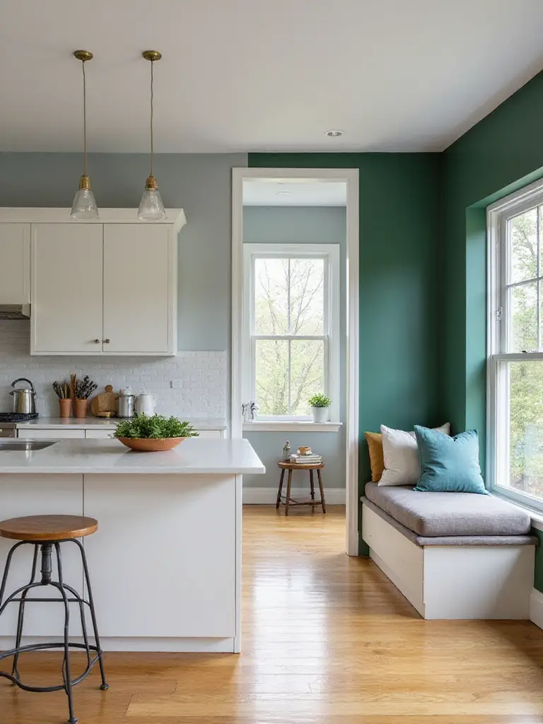 Open-concept kitchen showcasing color zoning between cooking area and dining nook.