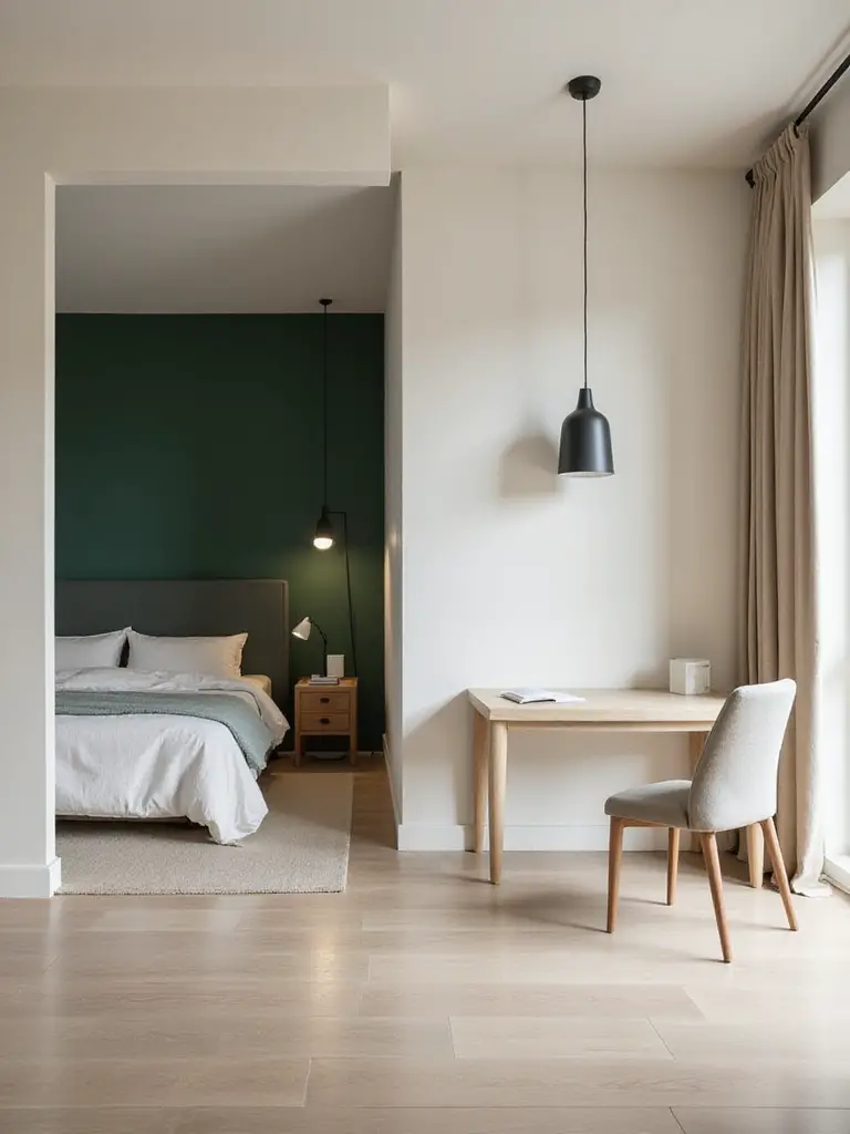 Open-plan bedroom with defined zones using different paint colors.