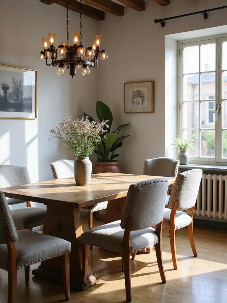Cohesive design style dining room with rustic wooden table and upholstered chairs