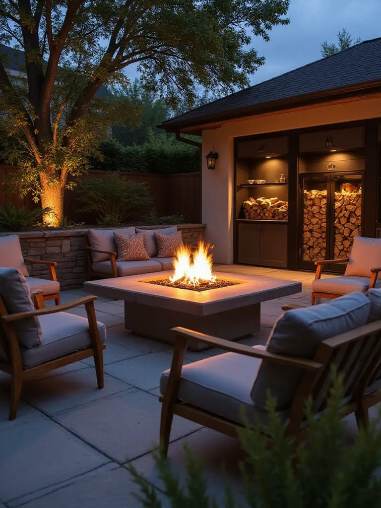 Elegant outdoor firepit with clever storage solutions for accessories and fuel