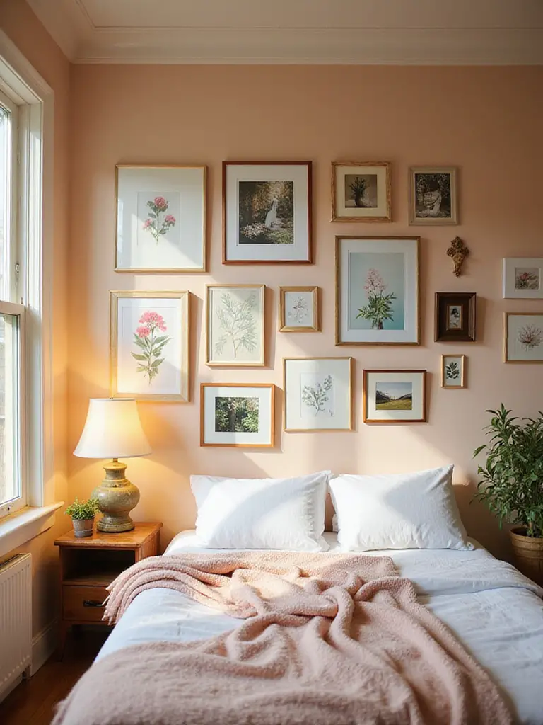 Gallery wall in a cozy bedroom with framed art and photographs