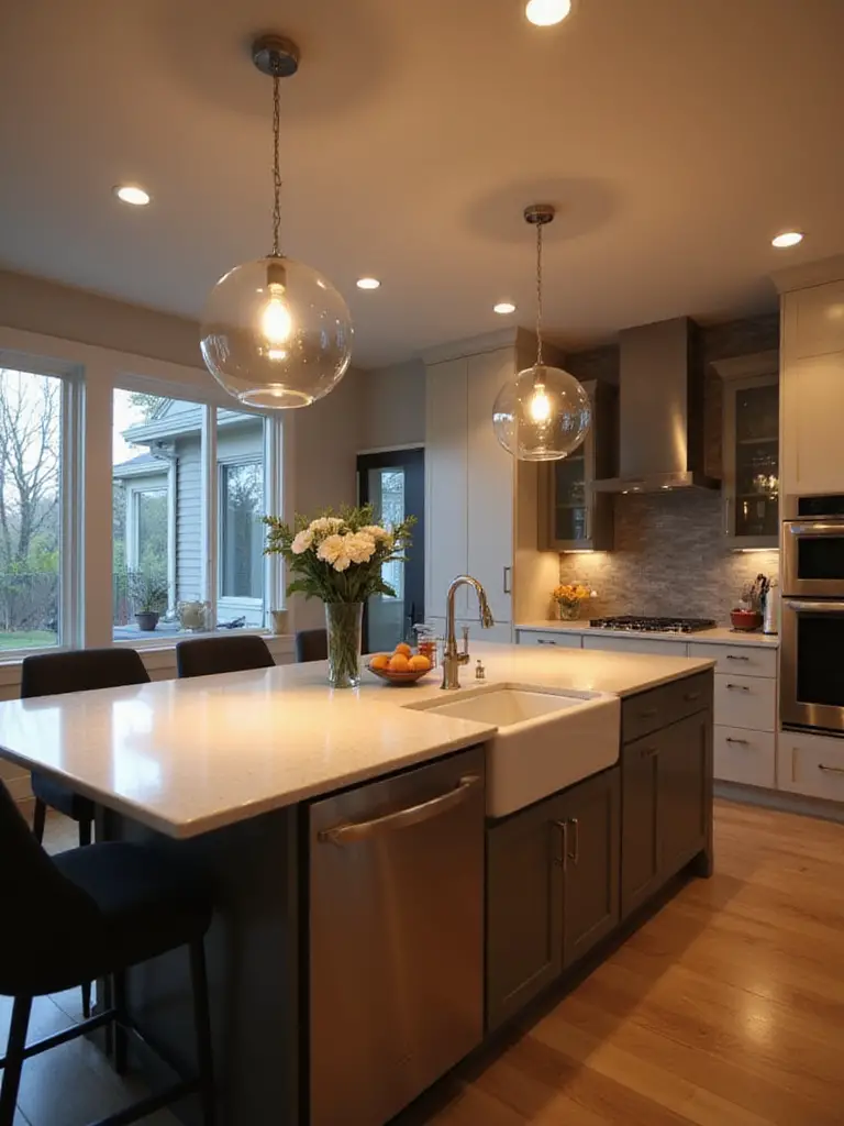 Modern kitchen island with eye-level task pendants and ambient recessed lighting creating warm, balanced illumination
