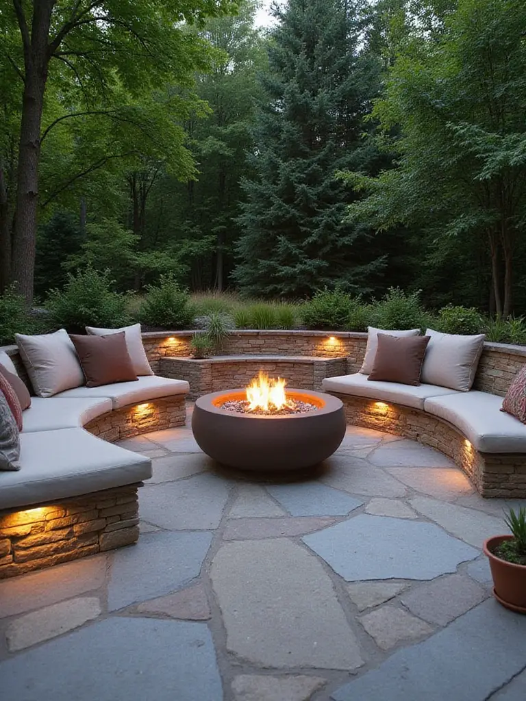 Integrated seating around a fire pit in a lush outdoor space