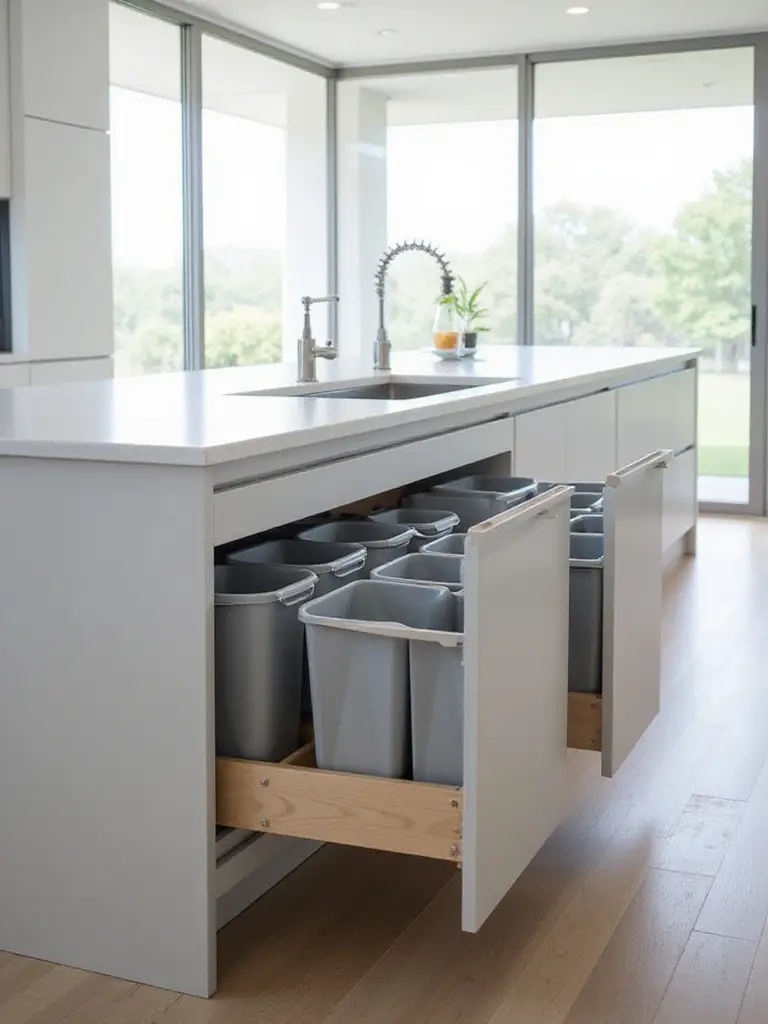 Modern kitchen island with integrated pull-out bins for waste and recycling management