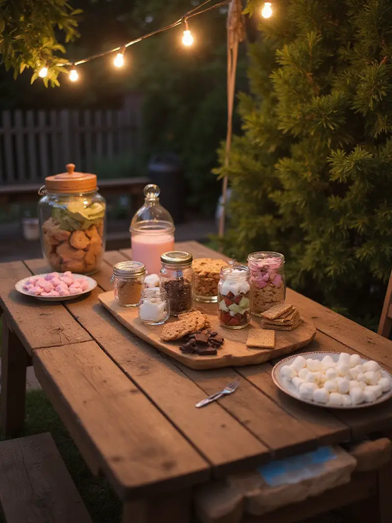 A well-organized s'mores station with ingredients and tools set up in a backyard.