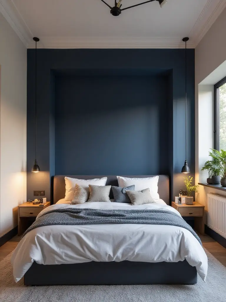 A cozy bedroom featuring a navy blue accent wall behind a bed with light bedding.