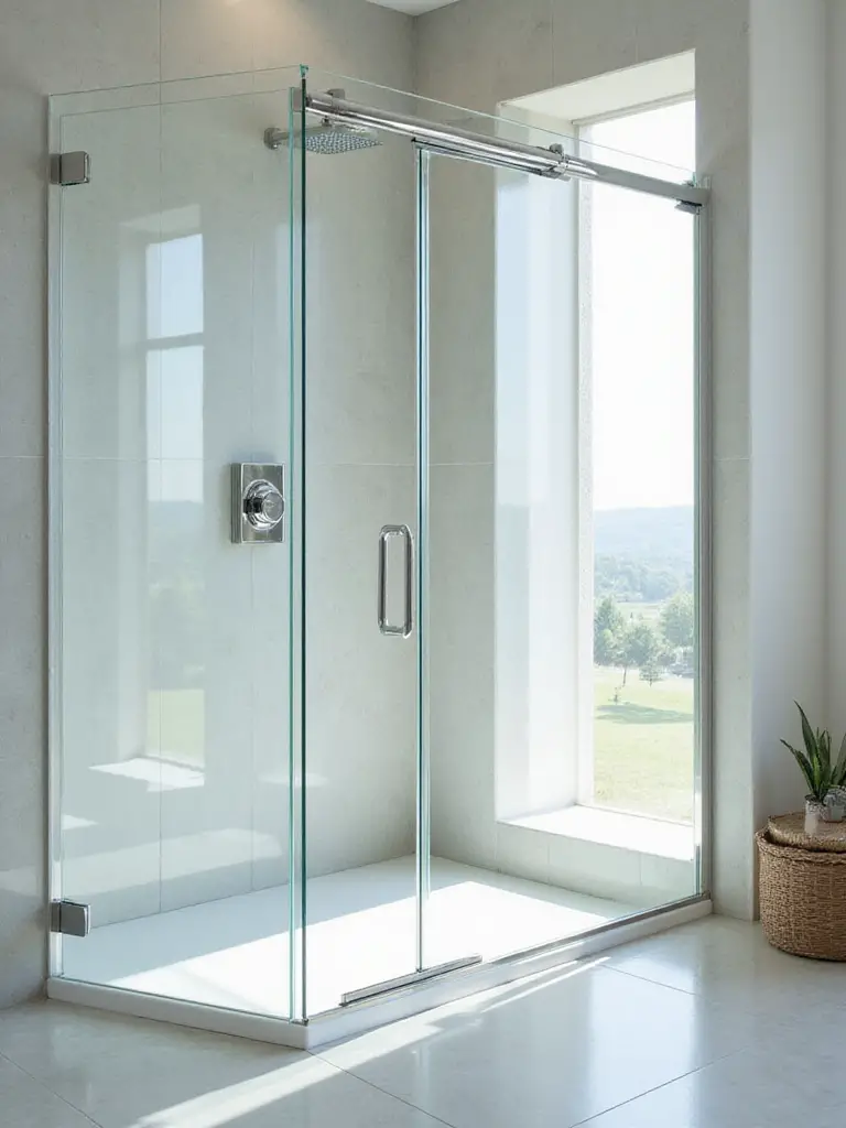 Modern bathroom with frameless glass shower enclosure and expansive window views, bright and minimalist design