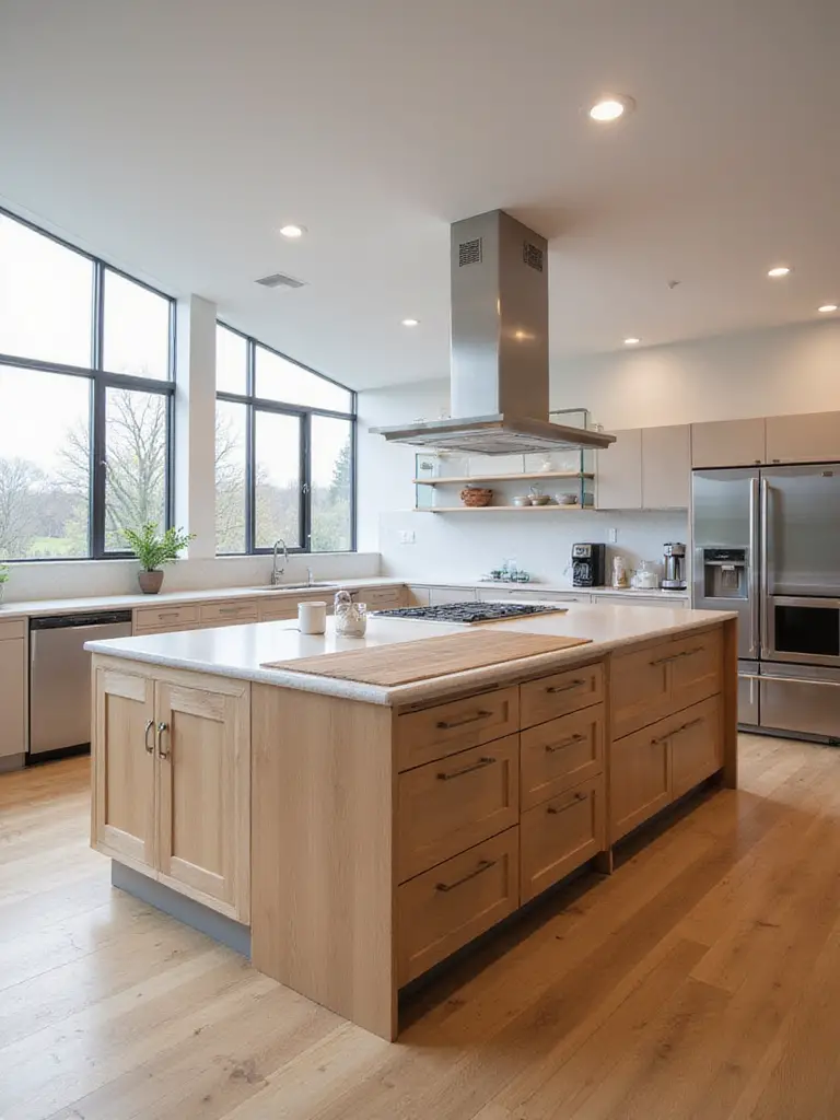 Modern kitchen with multi-level island featuring distinct activity zones and varying countertop heights