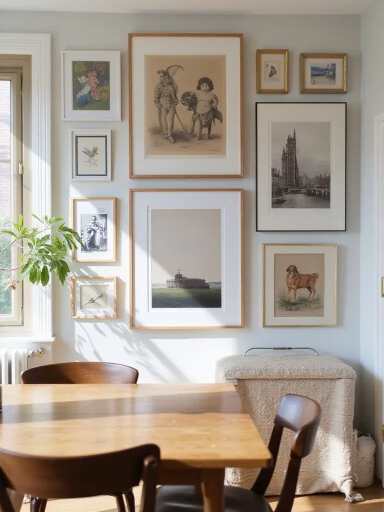 Impactful gallery wall in a stylish dining room with framed art pieces.