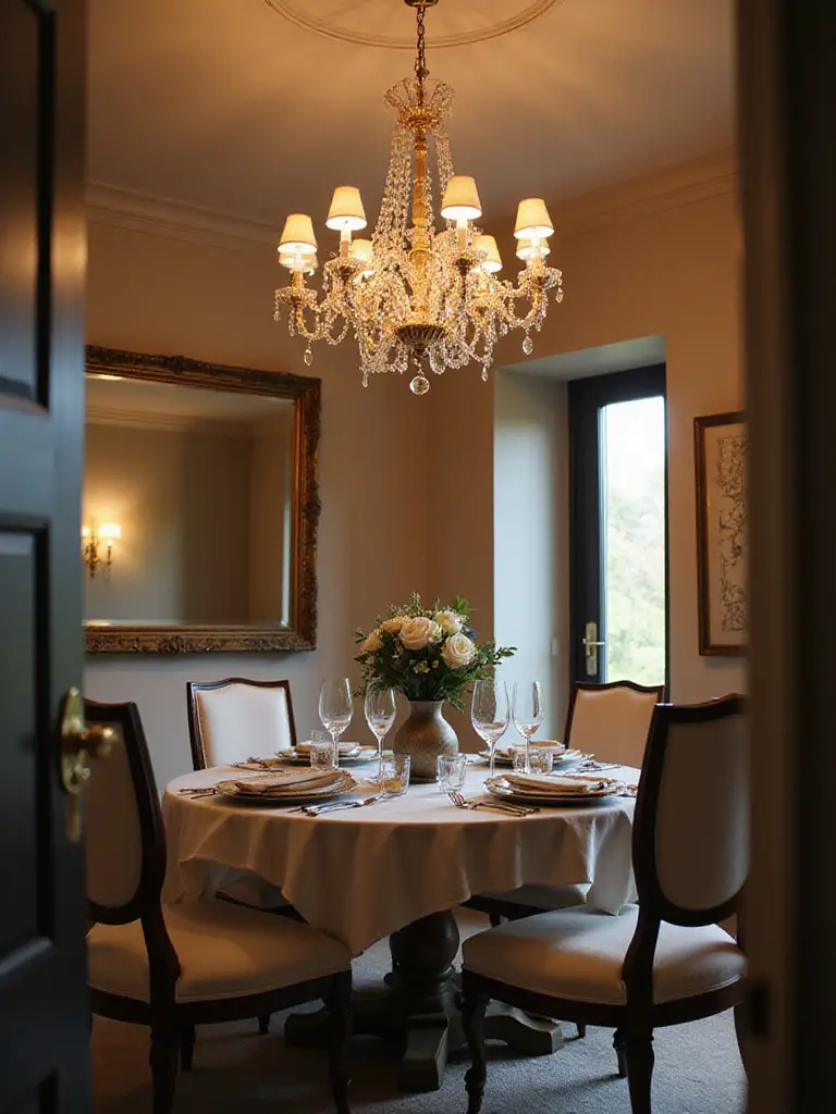 Elegant dining room with a dramatic chandelier as a focal point