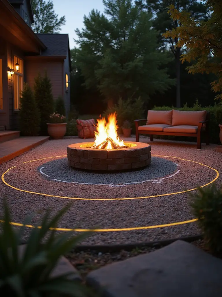 Backyard fire pit with optimal clearance distances highlighted