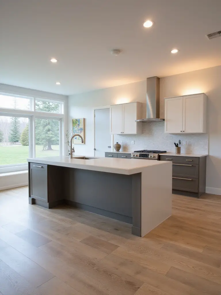 Modern kitchen showing an optimally sized kitchen island with clear walkways and balanced layout