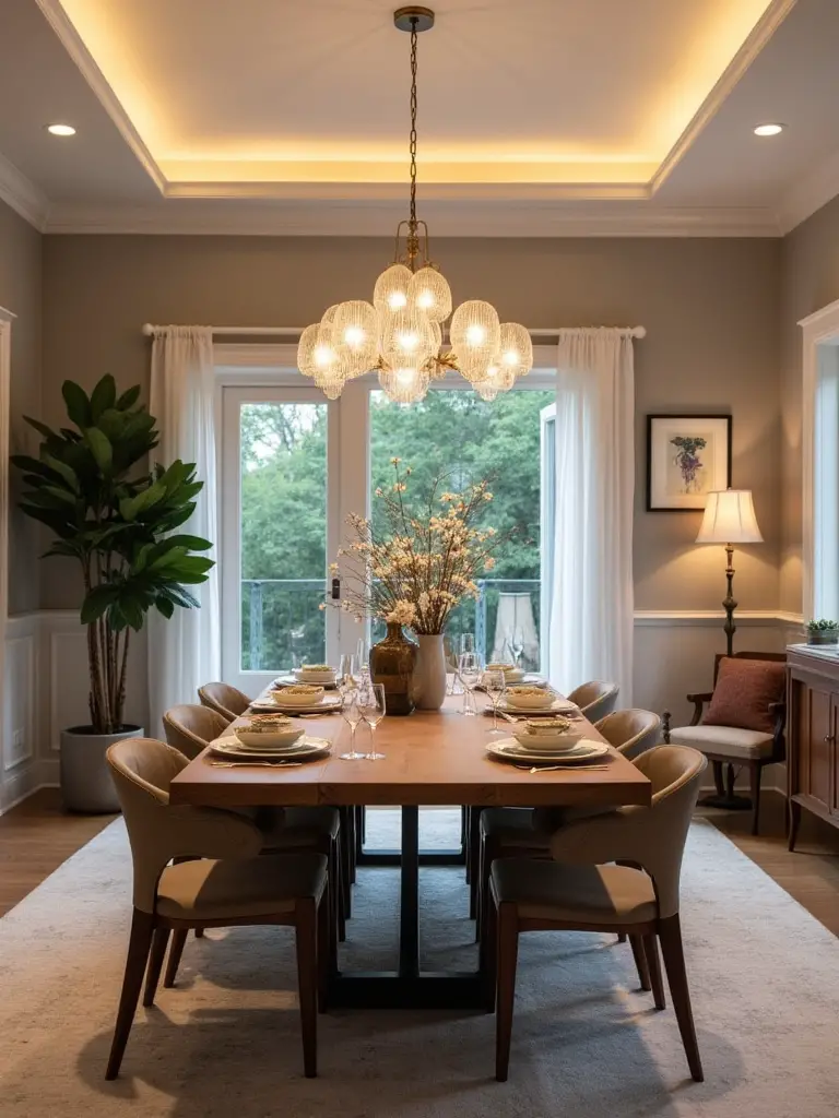 Elegant dining room designed for multi-functional use with warm lighting and stylish decor.