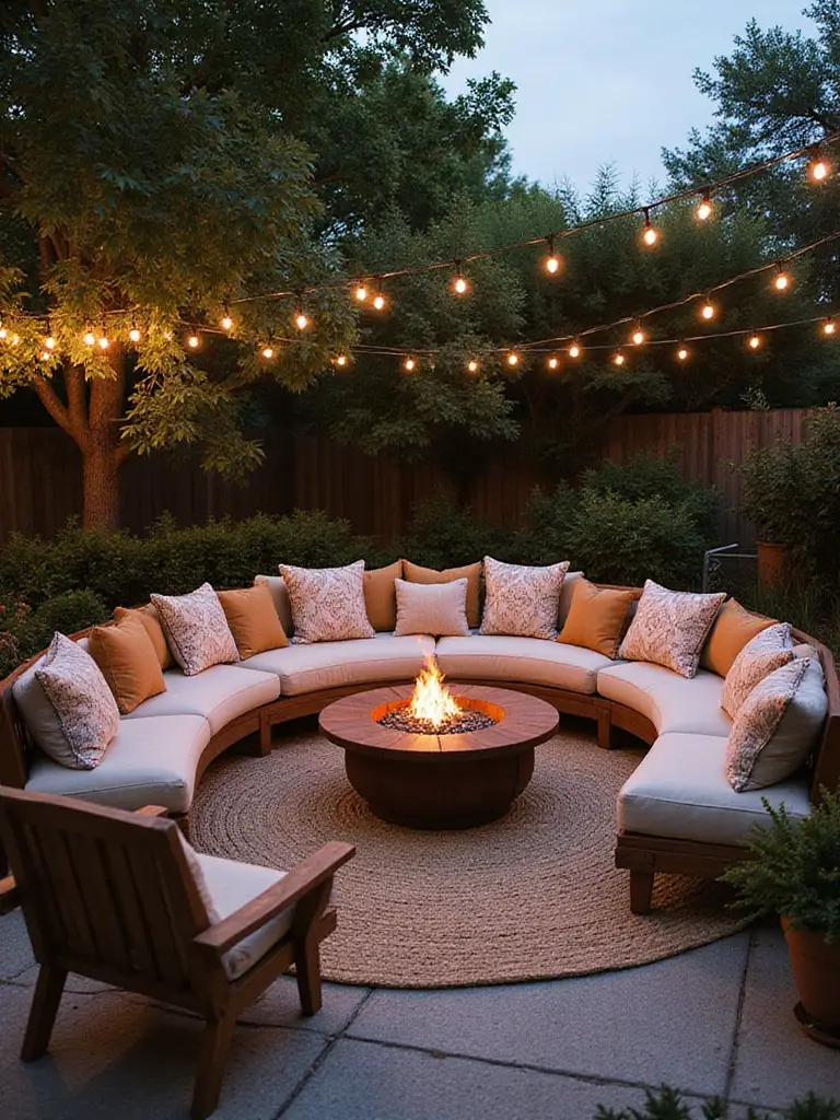 Cohesive thematic decor scheme for a firepit zone in a backyard.