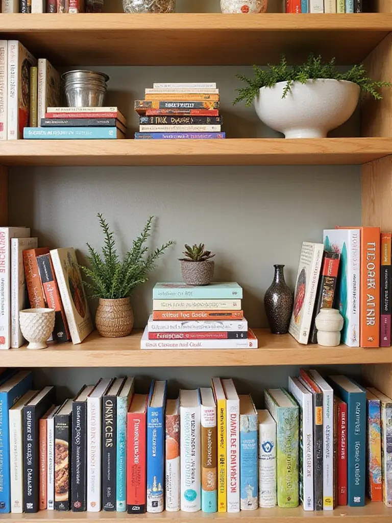 Stylish kitchen shelf displaying cookbooks and decorative items