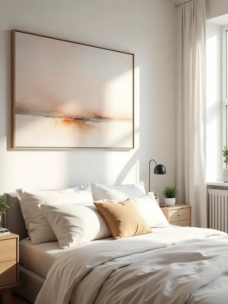 Stylish bedroom with meaningful wall art above the bed