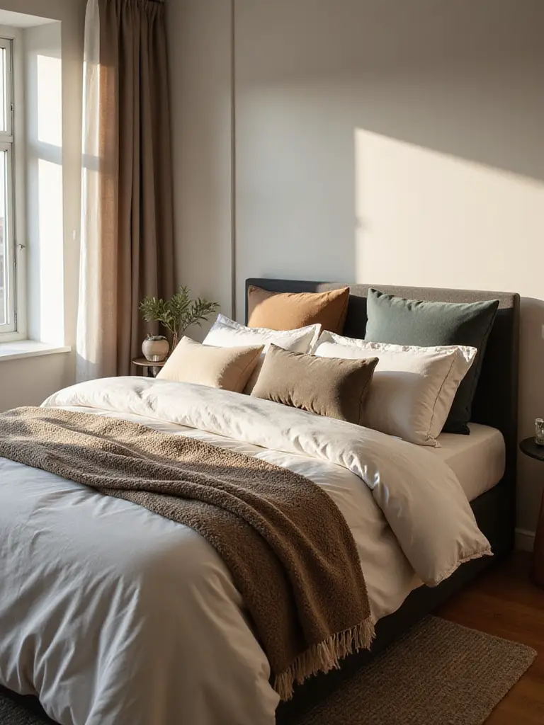 Luxurious layered bedding with multiple pillows and textured throws in a modern apartment bedroom