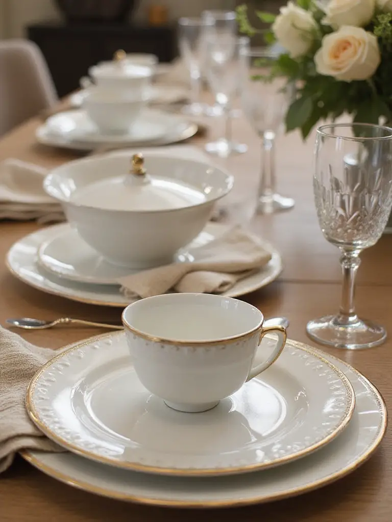 Elegant dining table set with coordinated dinnerware and glassware in warm lighting.