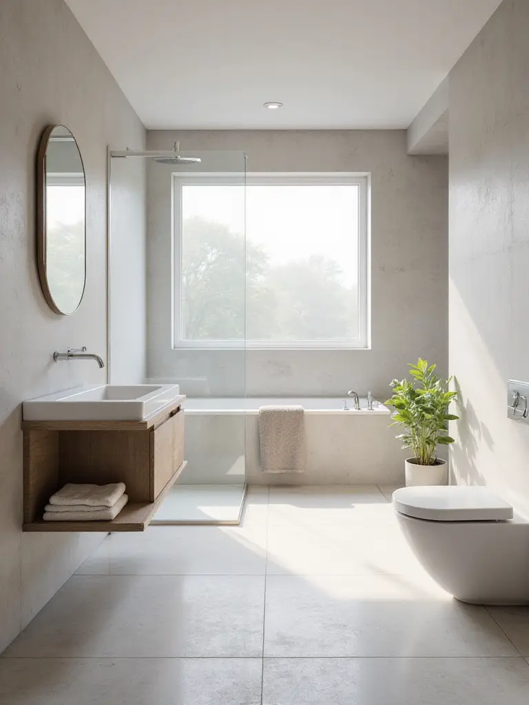 Minimalist modern bathroom with floating vanity, frameless glass shower, and serene open design