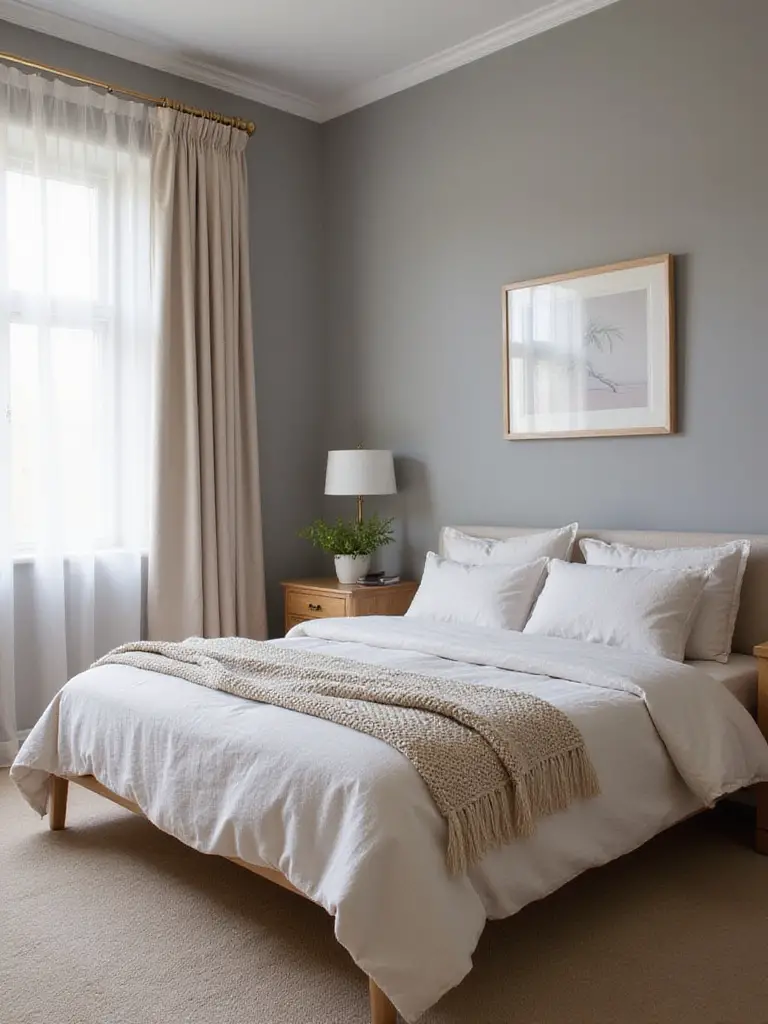 Serene bedroom with neutral tones showcasing soft greys, warm beiges, and natural wood furniture