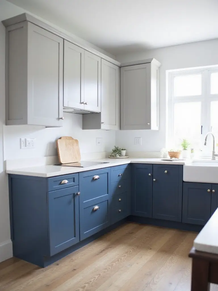 Modern kitchen with two-tone cabinets in light grey and navy blue.