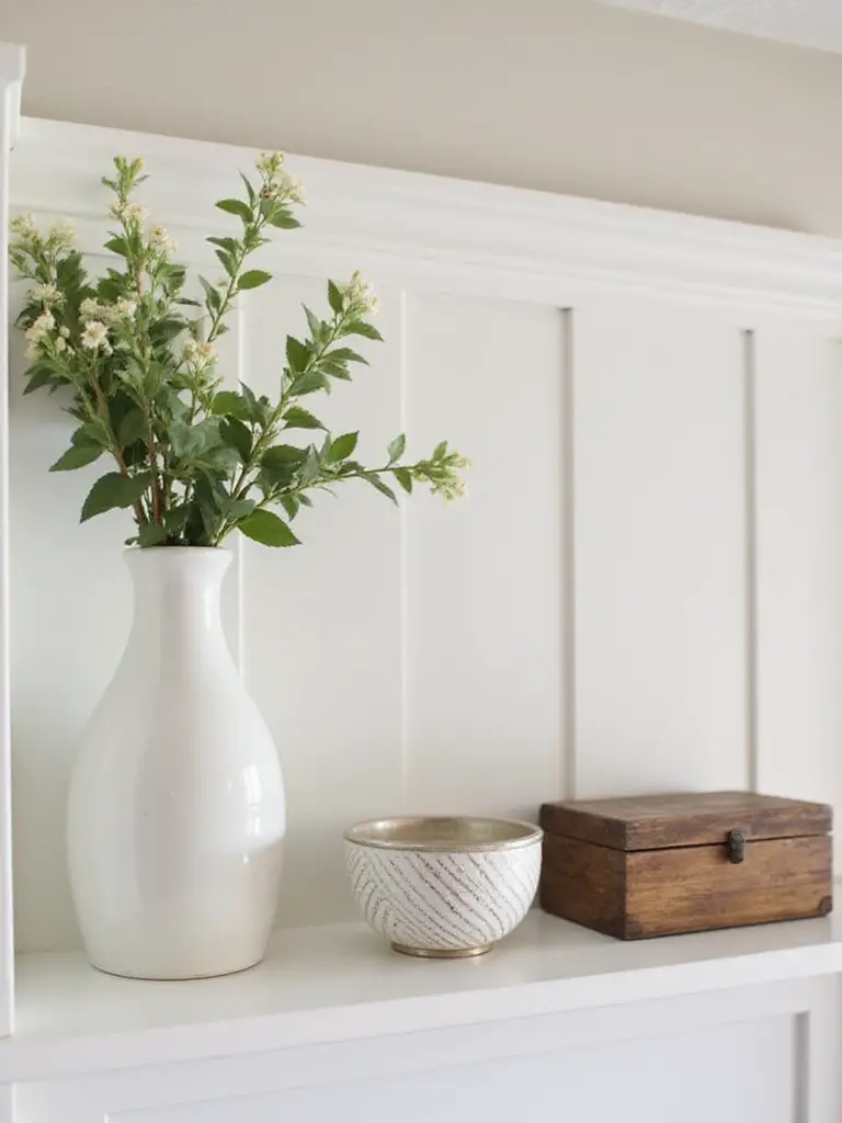 A stylish kitchen shelf displaying the Rule of Three with a vase, bowl, and wooden box.