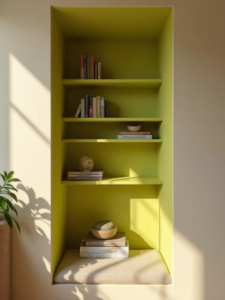 A vibrant nook with lime green interior contrasting against beige walls, showcasing decorative books and sculptures.