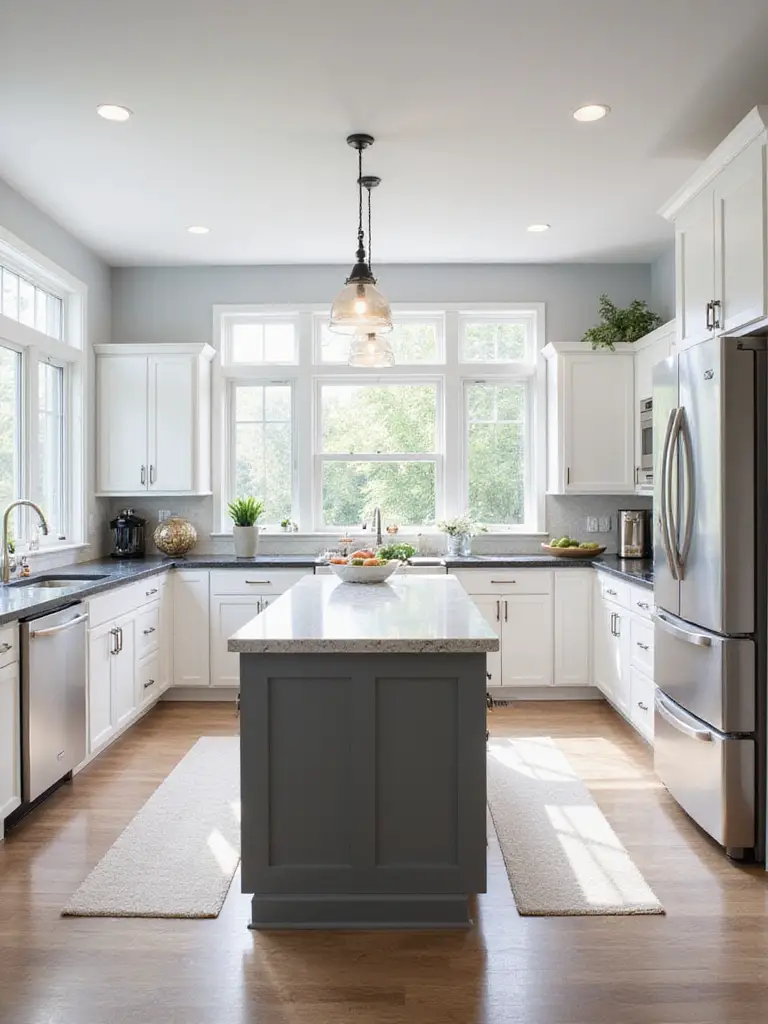 Modern kitchen with spacious island and wide clearance pathways for smooth traffic flow