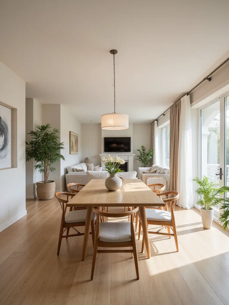 Beautiful dining room flowing into a living space with cohesive design elements.