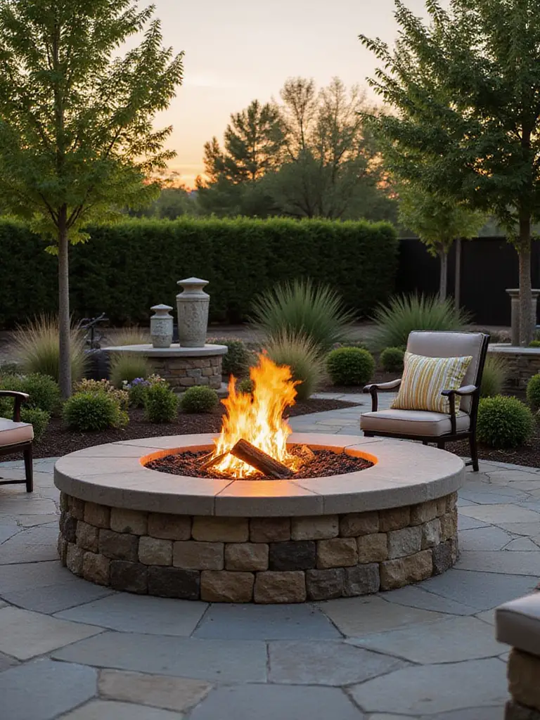 Outdoor firepit surrounded by a garden, showcasing a well-planned budget for materials and design.