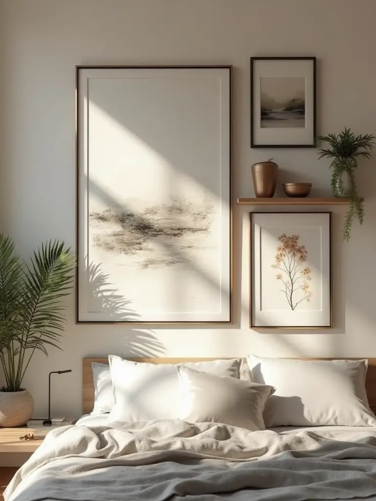 Stylish bedroom wall decor featuring art prints and shelves, showcasing budget-friendly decorating choices.
