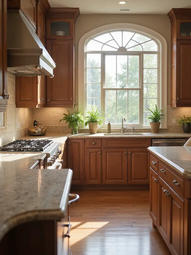 A stylish kitchen with elegant granite countertops and custom wood cabinetry, showcasing the importance of evaluating existing elements before painting.
