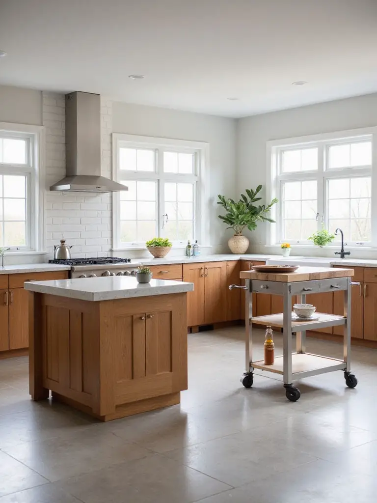 Modern kitchen with a fixed wood island and a mobile stainless steel island side by side showing flexibility options