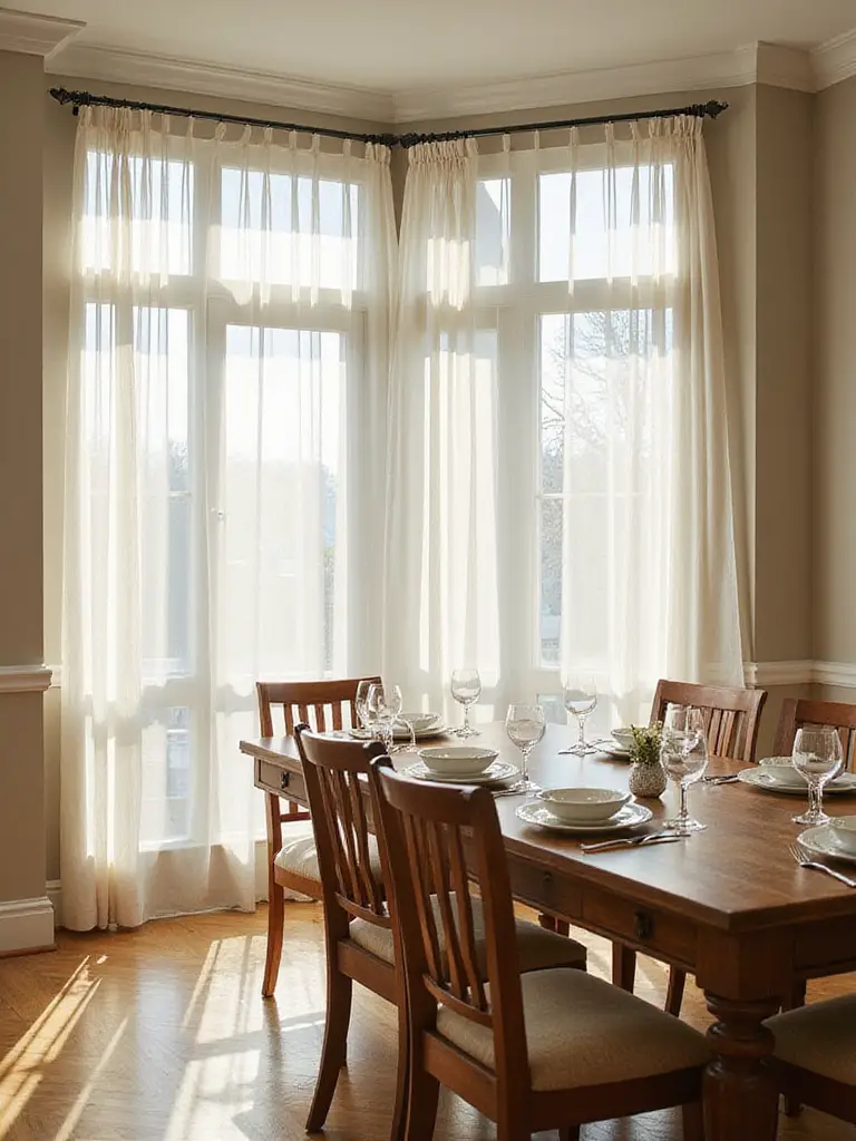 A beautifully decorated dining room with natural light filtering through sheer curtains.