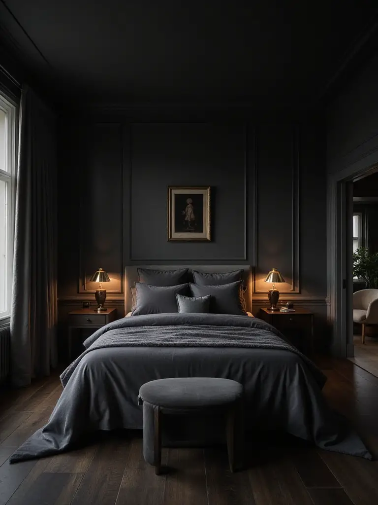 A luxurious bedroom with dark gray walls, soft lighting, and plush bedding, creating an intimate atmosphere.