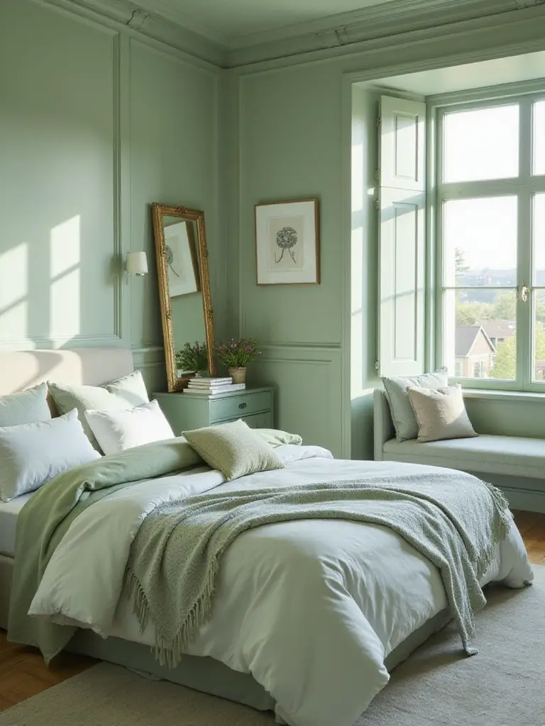 Serene bedroom with monochromatic paint scheme in soft sage green