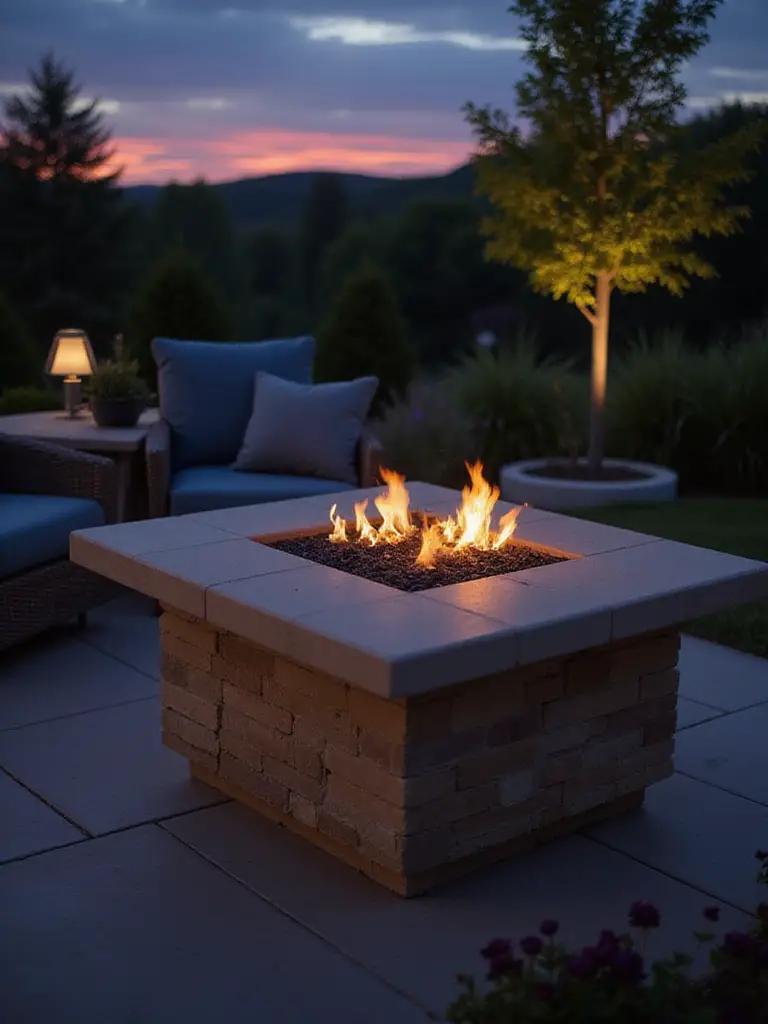 Modern outdoor firepit with smart control system at twilight