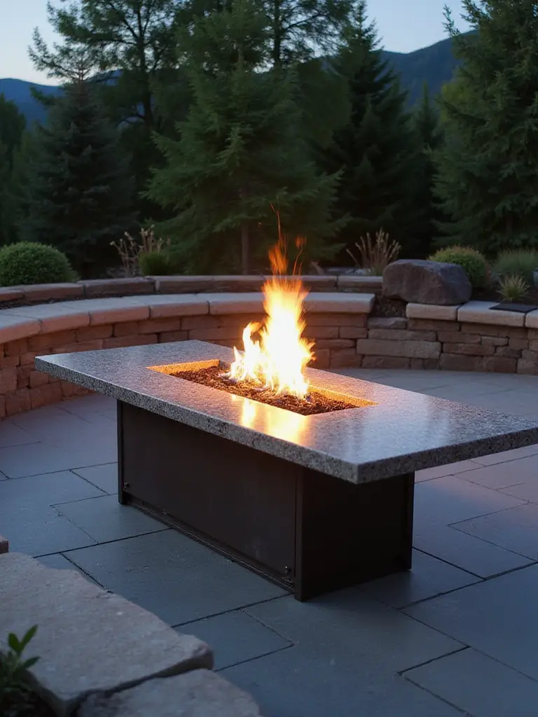 A unique elongated firepit integrated into a seating wall in a beautifully landscaped backyard