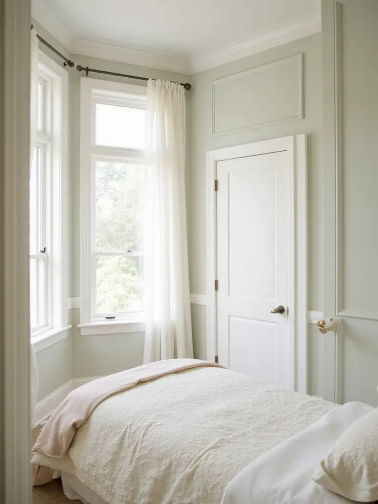 Small bedroom with light pastel colors and natural lighting to create a spacious feel.