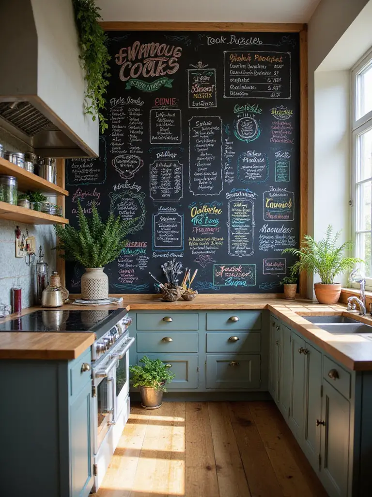 A stylish kitchen with a large chalkboard wall displaying colorful menu art and handwritten notes.