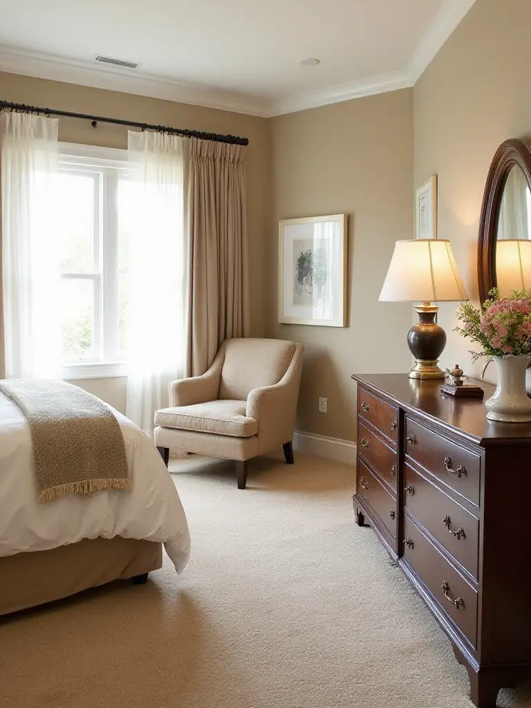 A tranquil bedroom with greige walls and dark cherry wood furniture, harmonizing decor.