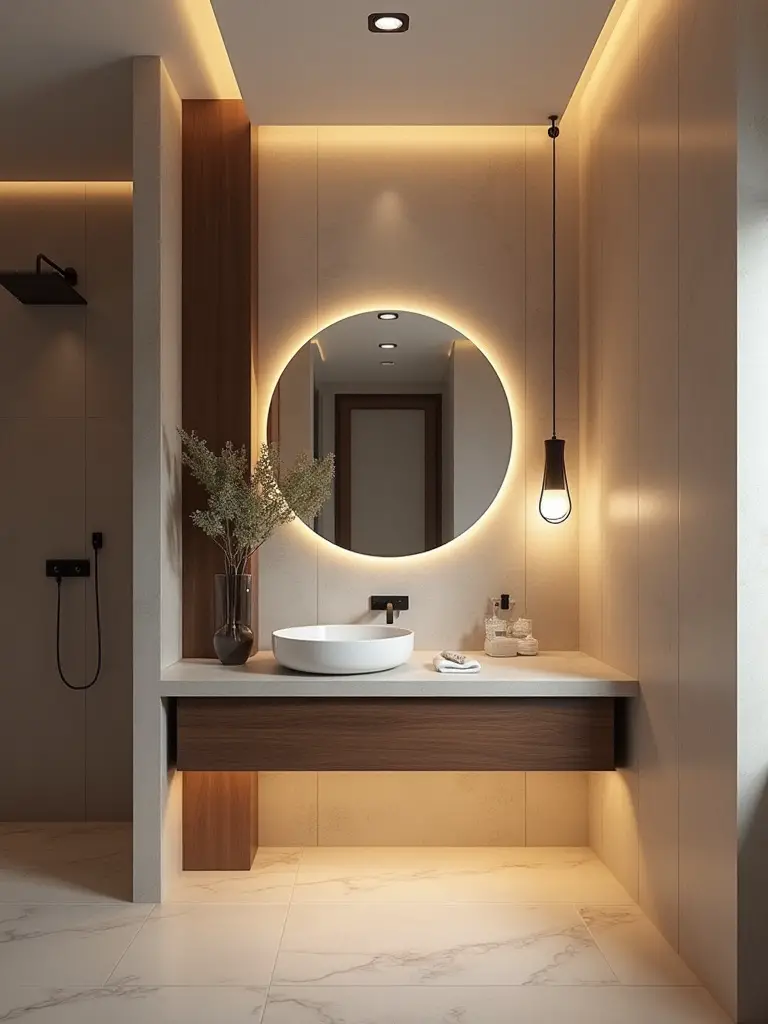 Modern bathroom with layered lighting including ambient, task, accent, and decorative fixtures creating a warm and functional ambiance