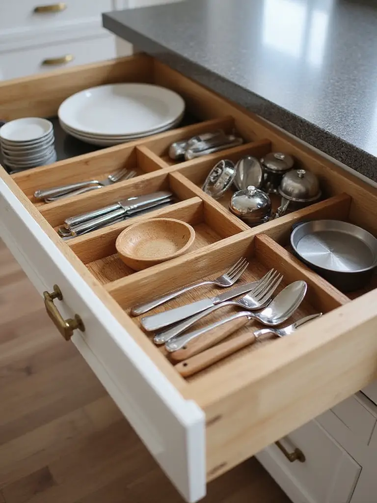 Open kitchen island drawer with smart drawer organizers neatly storing utensils and cookware
