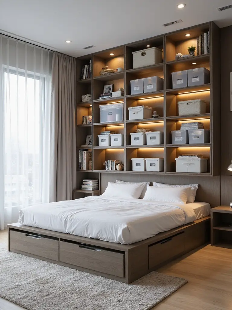 Modern apartment bedroom with smart storage solutions including integrated bed drawers and tall modular shelving