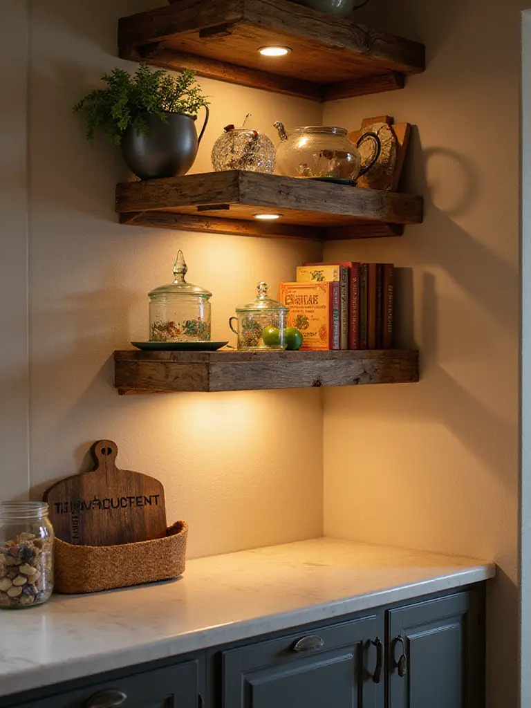 Kitchen with under-shelf lighting highlighting decorative items on rustic shelves